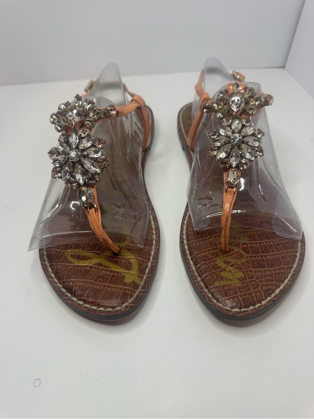 Sam Edelman Embellished Peach T-Strap Flat Sandals Women's Size 8.5M